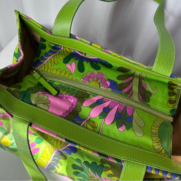 Rare Kate Spade Icon Green Floral Print Zip-Top Tote Bag Canvas Leather Handles - Picture 13 of 15